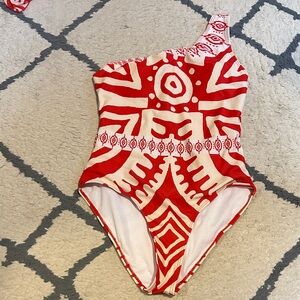 Red and White One-Shoulder Swimsuit with matching cover up pants